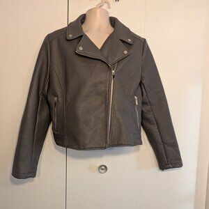 New York & Company Grey Faux Leather Moto Jacket Women’s Silver Zip Biker